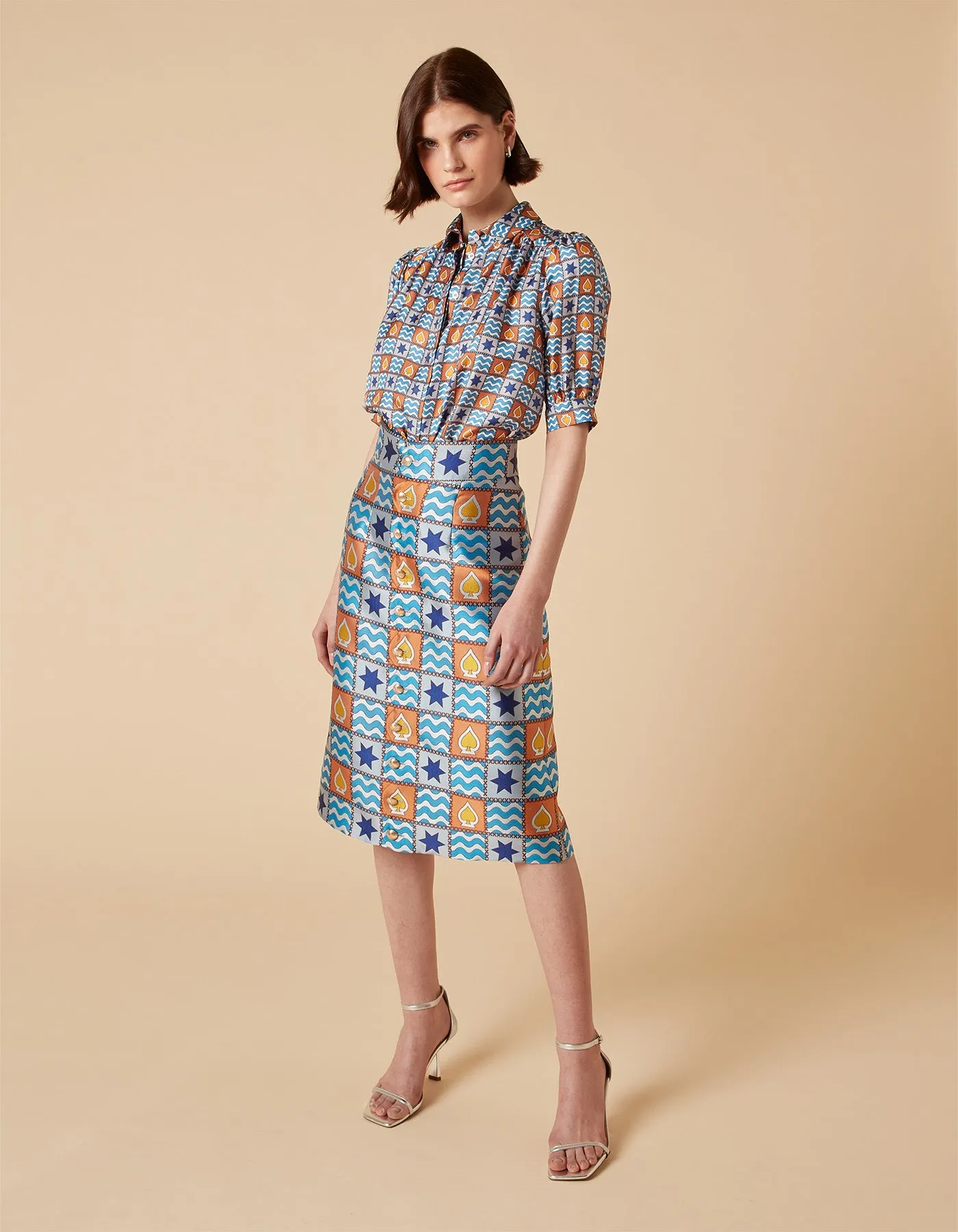 Frankie Blue Patchwork Print Silk Jacquard Midi Skirt
