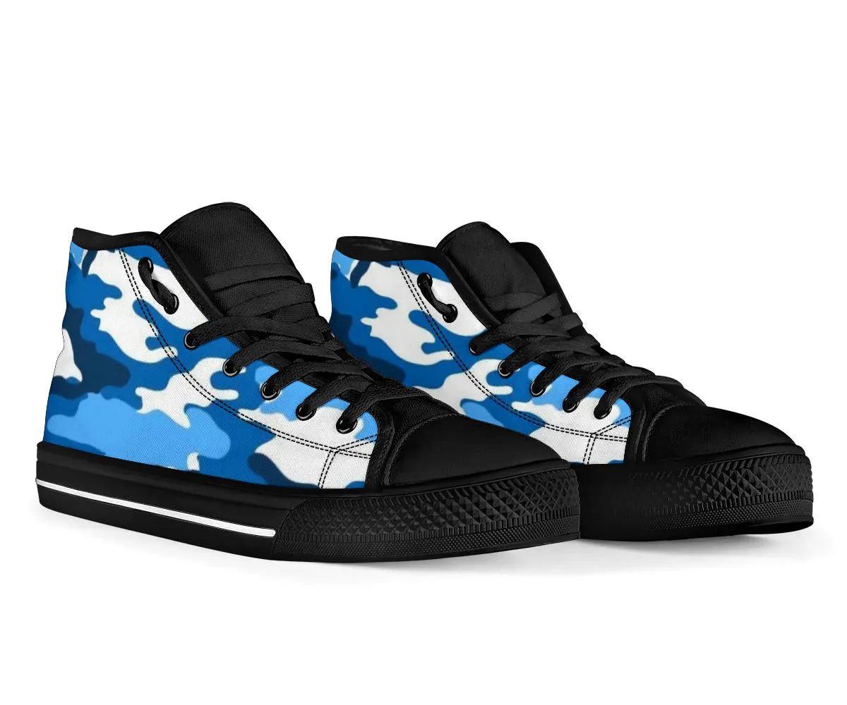 Snow Cap Blue White Camo High Top Sneakers Custom Shoes with Black Soles