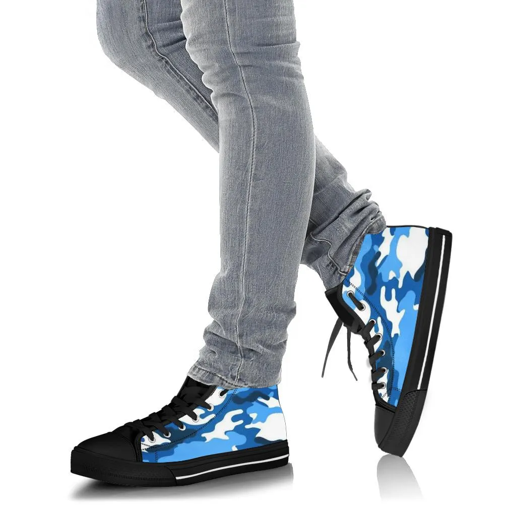 Snow Cap Blue White Camo High Top Sneakers Custom Shoes with Black Soles