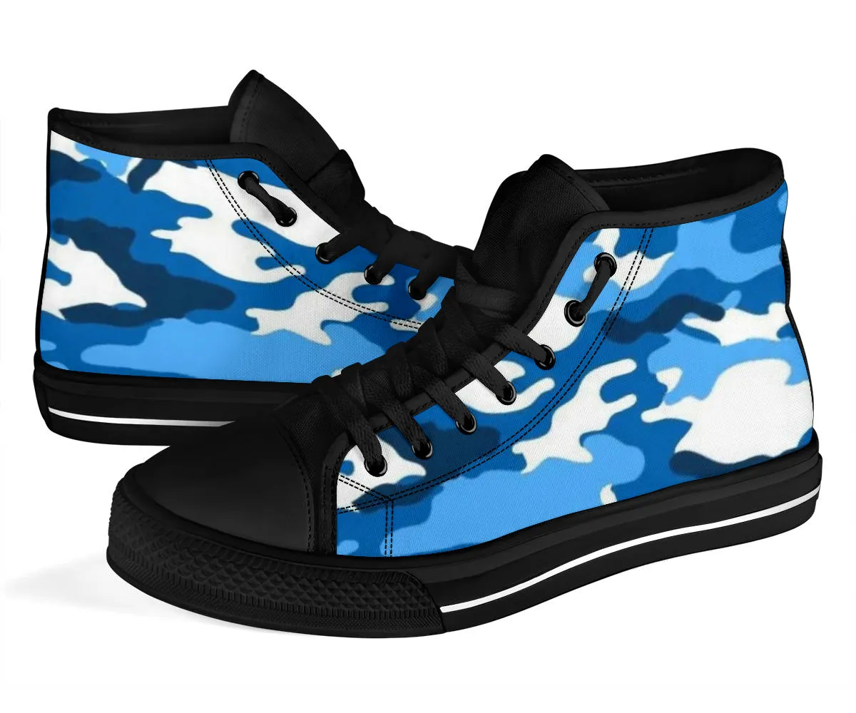 Snow Cap Blue White Camo High Top Sneakers Custom Shoes with Black Soles