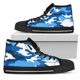 Snow Cap Blue White Camo High Top Sneakers Custom Shoes with Black Soles
