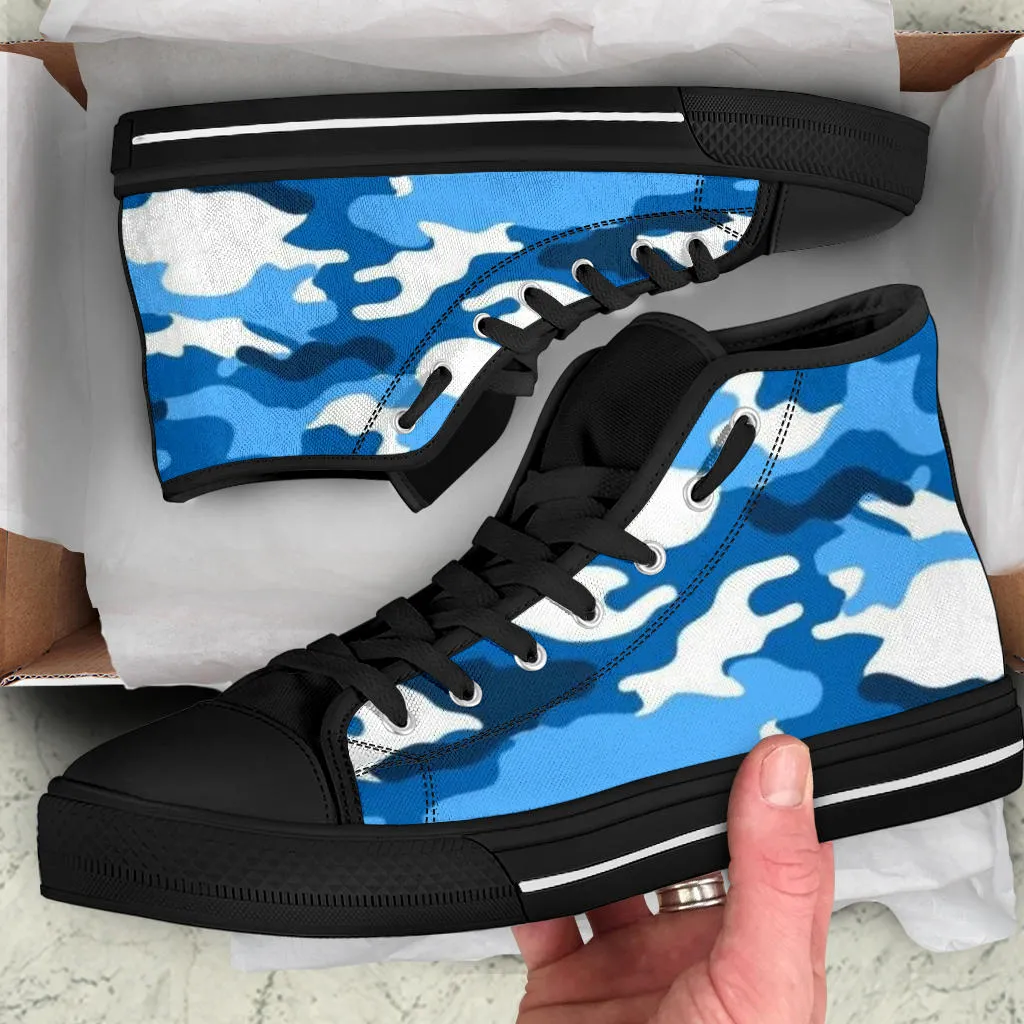 Snow Cap Blue White Camo High Top Sneakers Custom Shoes with Black Soles