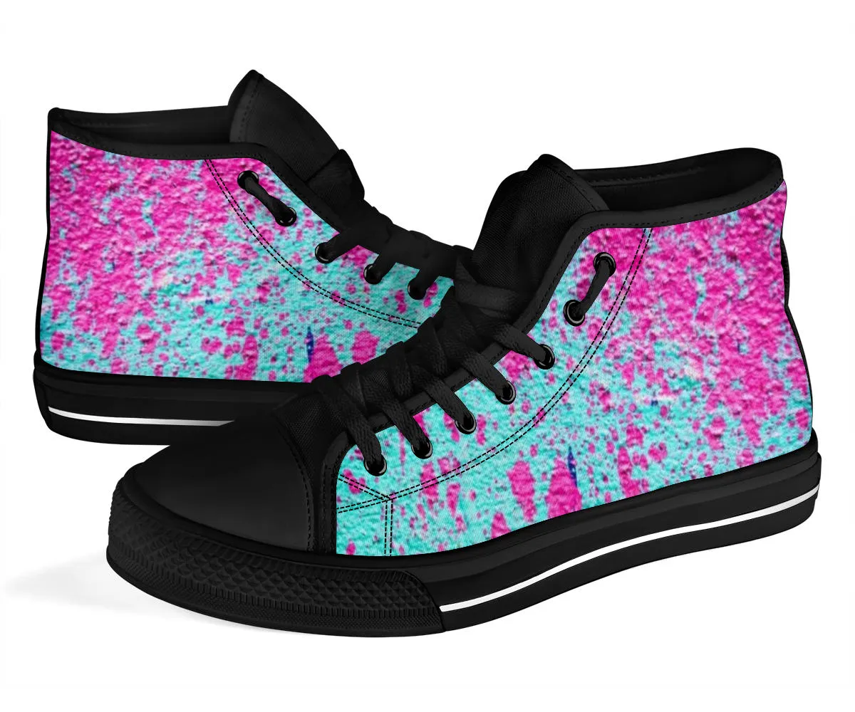 Teal with Pink Paint Spots High Top Sneakers Custom Shoes with Black Soles