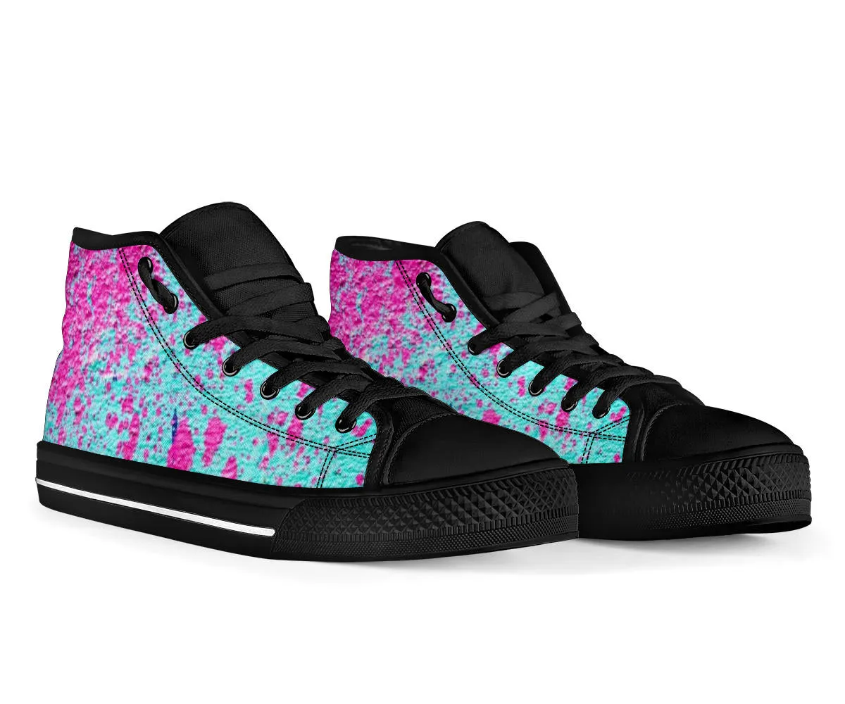 Teal with Pink Paint Spots High Top Sneakers Custom Shoes with Black Soles
