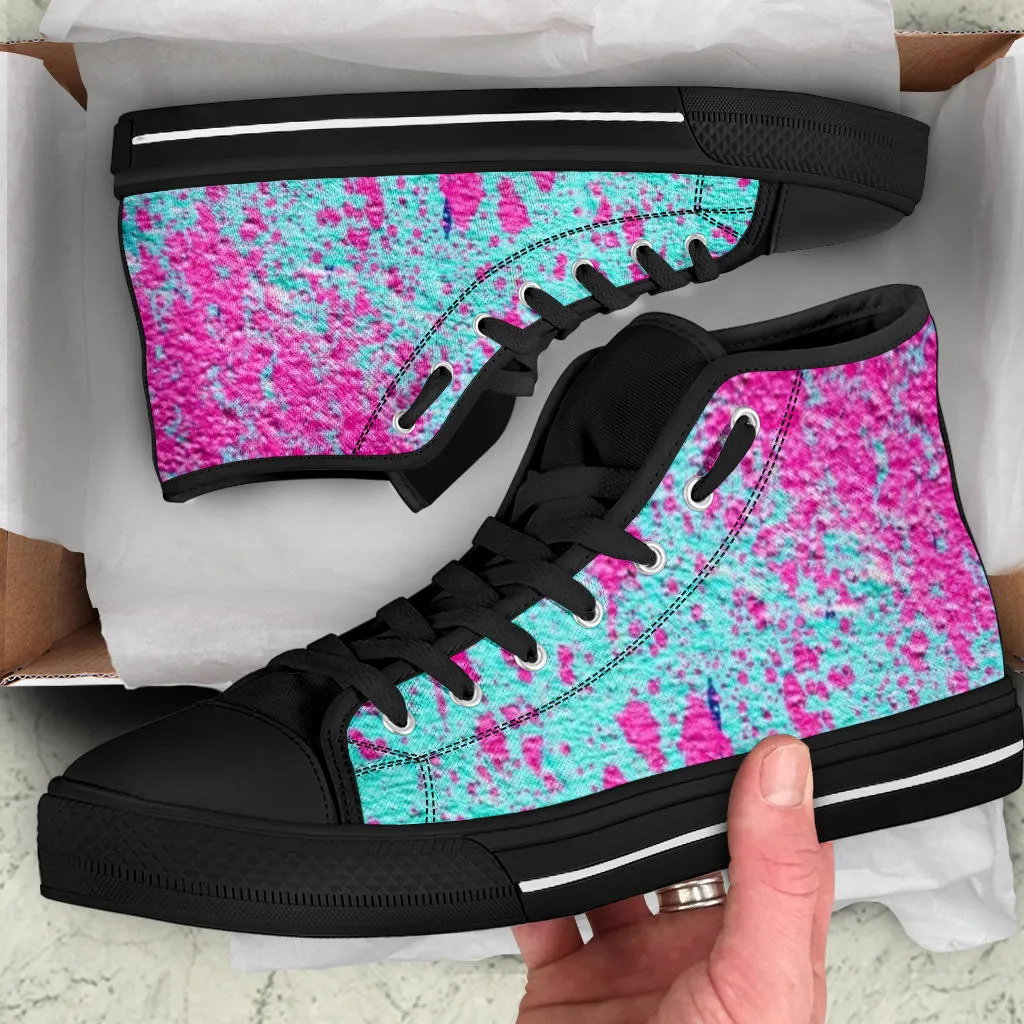 Teal with Pink Paint Spots High Top Sneakers Custom Shoes with Black Soles