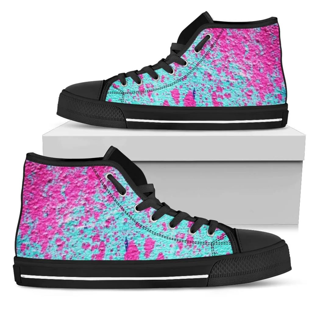 Teal with Pink Paint Spots High Top Sneakers Custom Shoes with Black Soles
