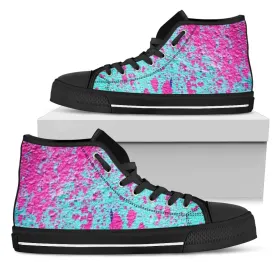 Teal with Pink Paint Spots High Top Sneakers Custom Shoes with Black Soles