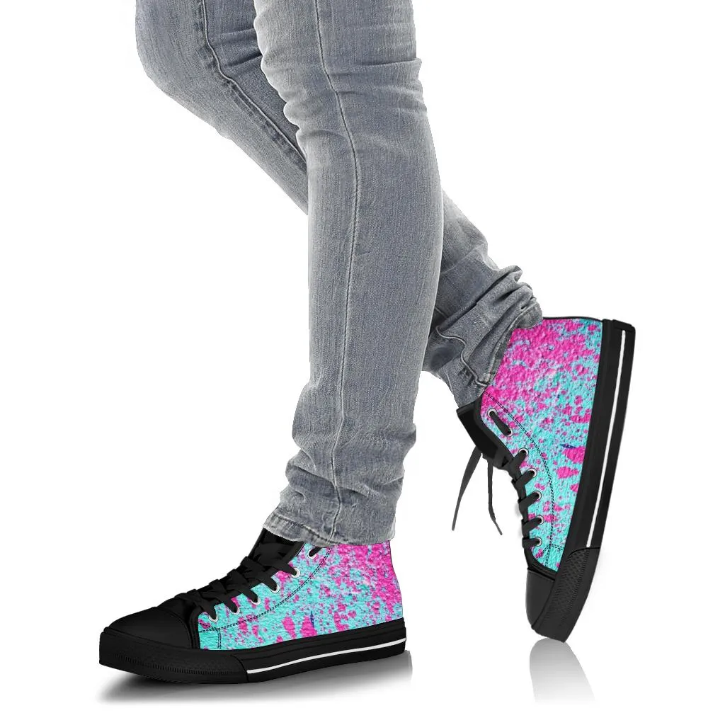 Teal with Pink Paint Spots High Top Sneakers Custom Shoes with Black Soles
