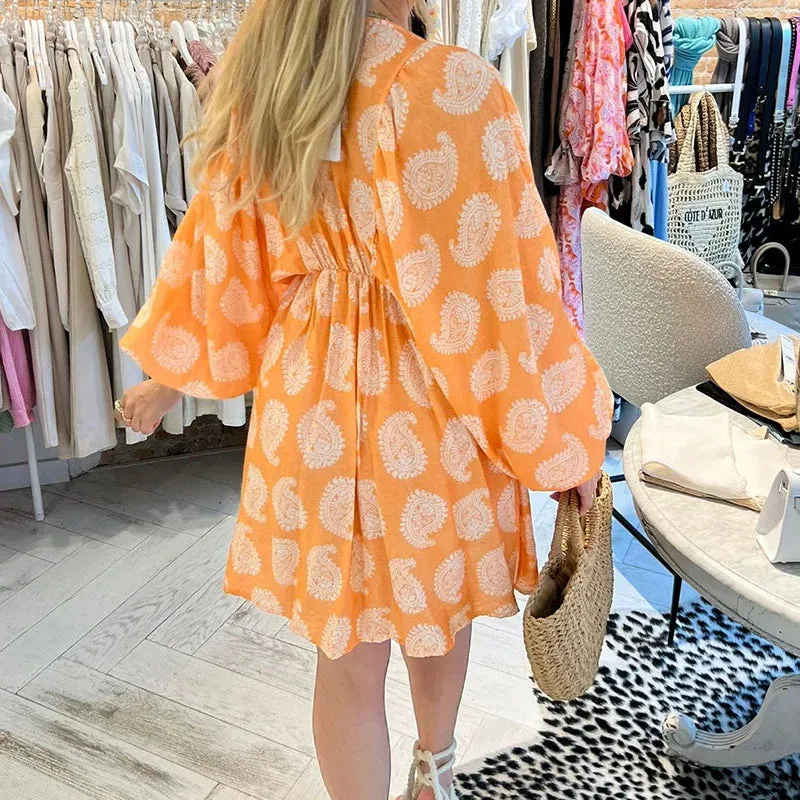 VHigh Waist Short Lantern Sleeve Pleated's Party Elegant Floral Print Summer Casual Deep Dress